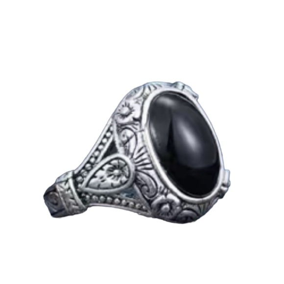 Unisex Designed Silver Ring with Black Center Oval Stone - Picture 1 of 8